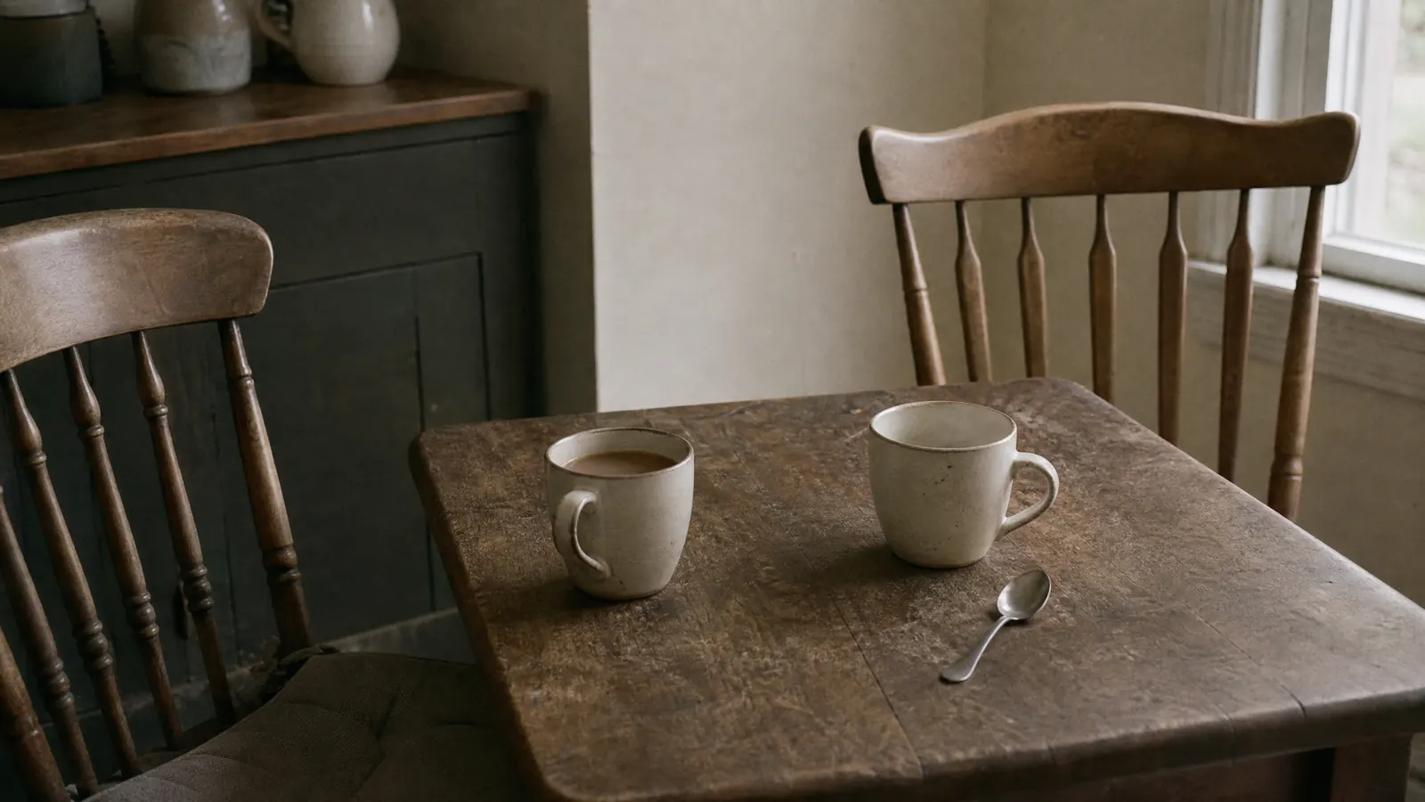 Two mugs on a worn kitchen table, one full and one empty with a spoon beside it, and two chairs, one pulled back.